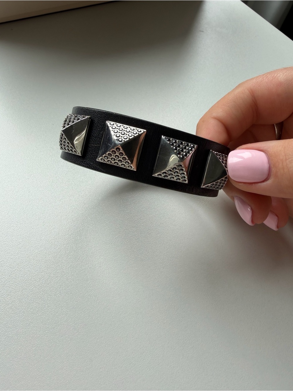Swarovski Black Leather Stud Pyramid Bracelet